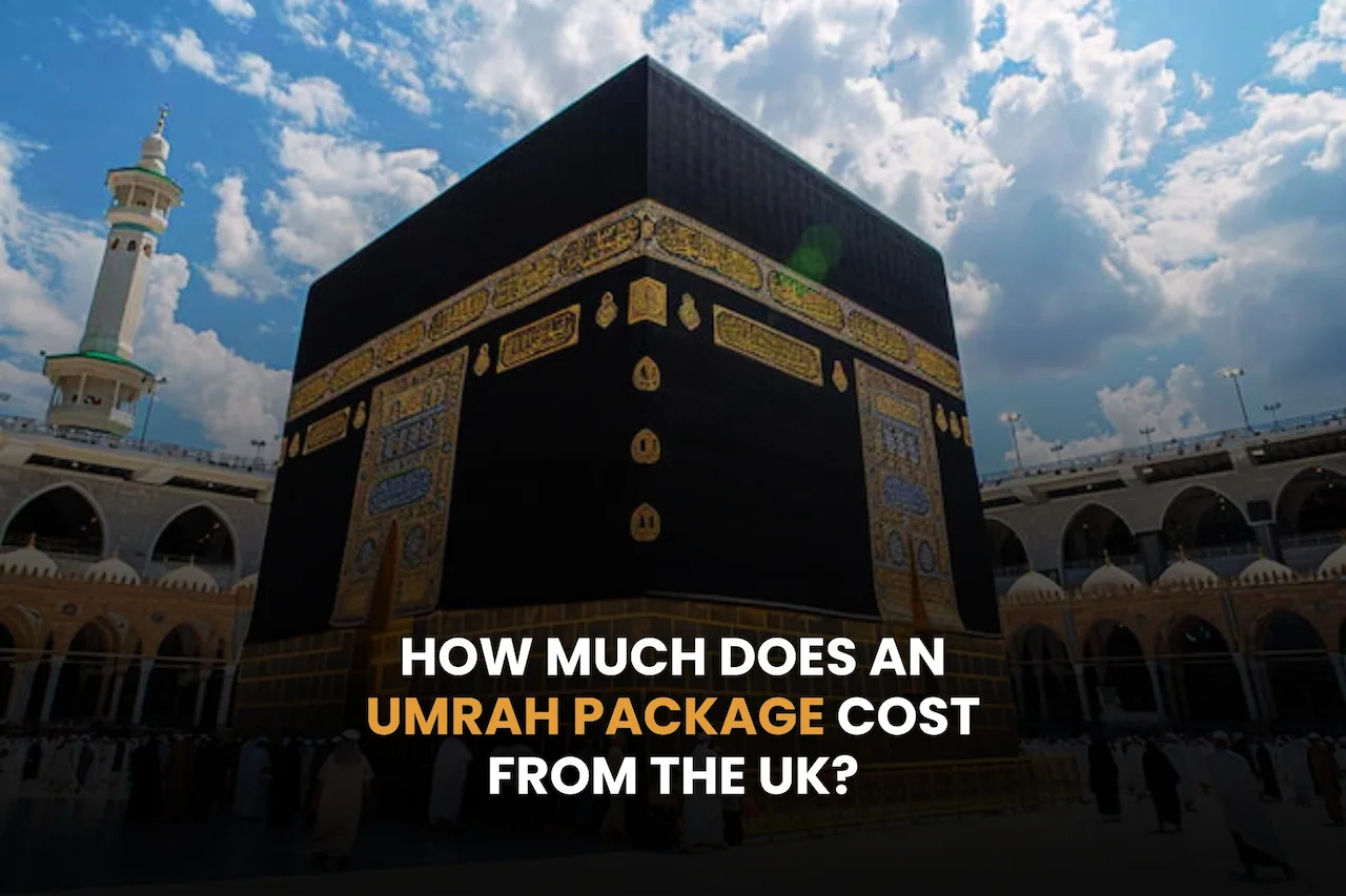 A picture of kabah, and text written how much does an umrah package cost from the uk.
