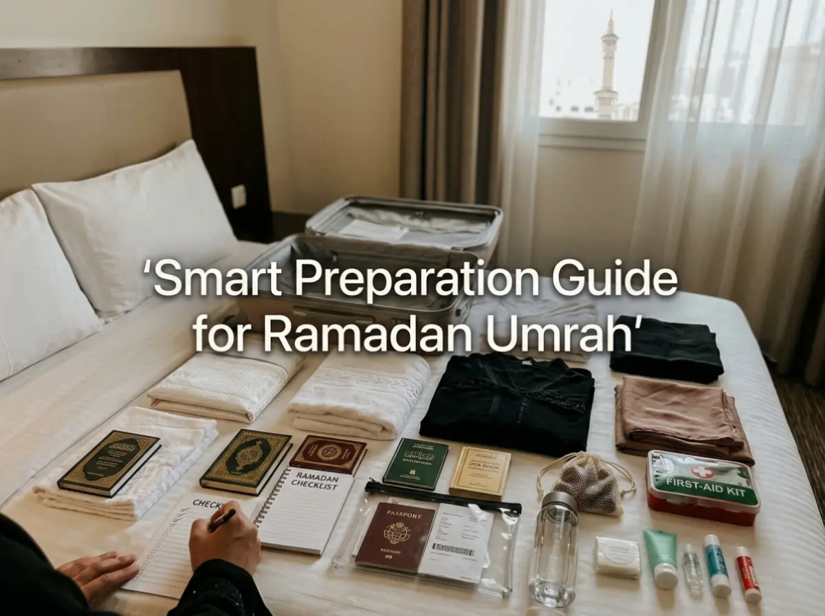 Smart Preparation Guide for Ramadan 2027 Umrah: Complete packing checklist with Ihram clothes, Quran, passport, first-aid kit, and essentials laid out on a bed.