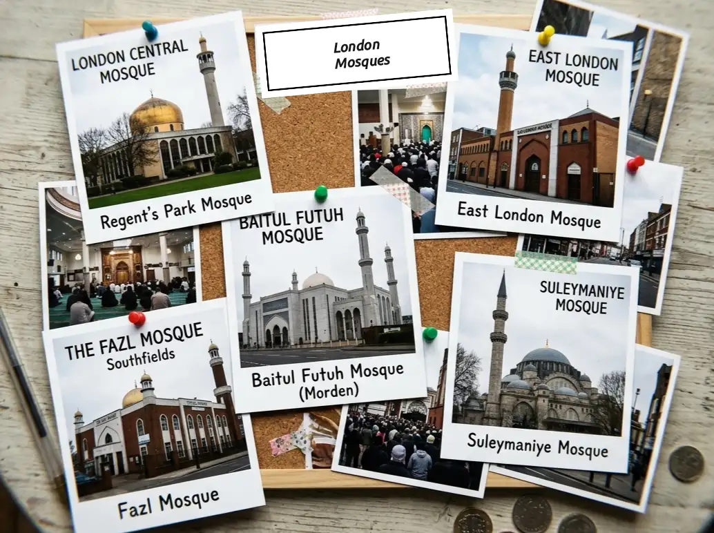Popular London mosques: Regent’s Park Mosque, East London Mosque, Baitul Futuh (Morden), Fazl Mosque Southfields, Suleymaniye Mosque and London Central Mosque displayed on a pinboard