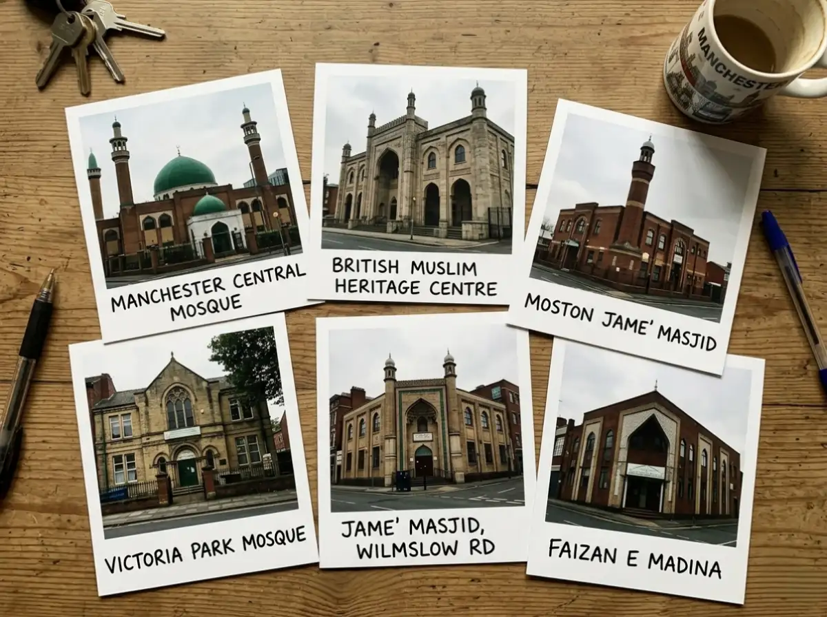 Popular mosques in Manchester UK: Manchester Central Mosque, Victoria Park Mosque, British Muslim Heritage Centre, Jame Masjid Wilmslow Rd, Moston Jame Masjid and Faizan E Madina
