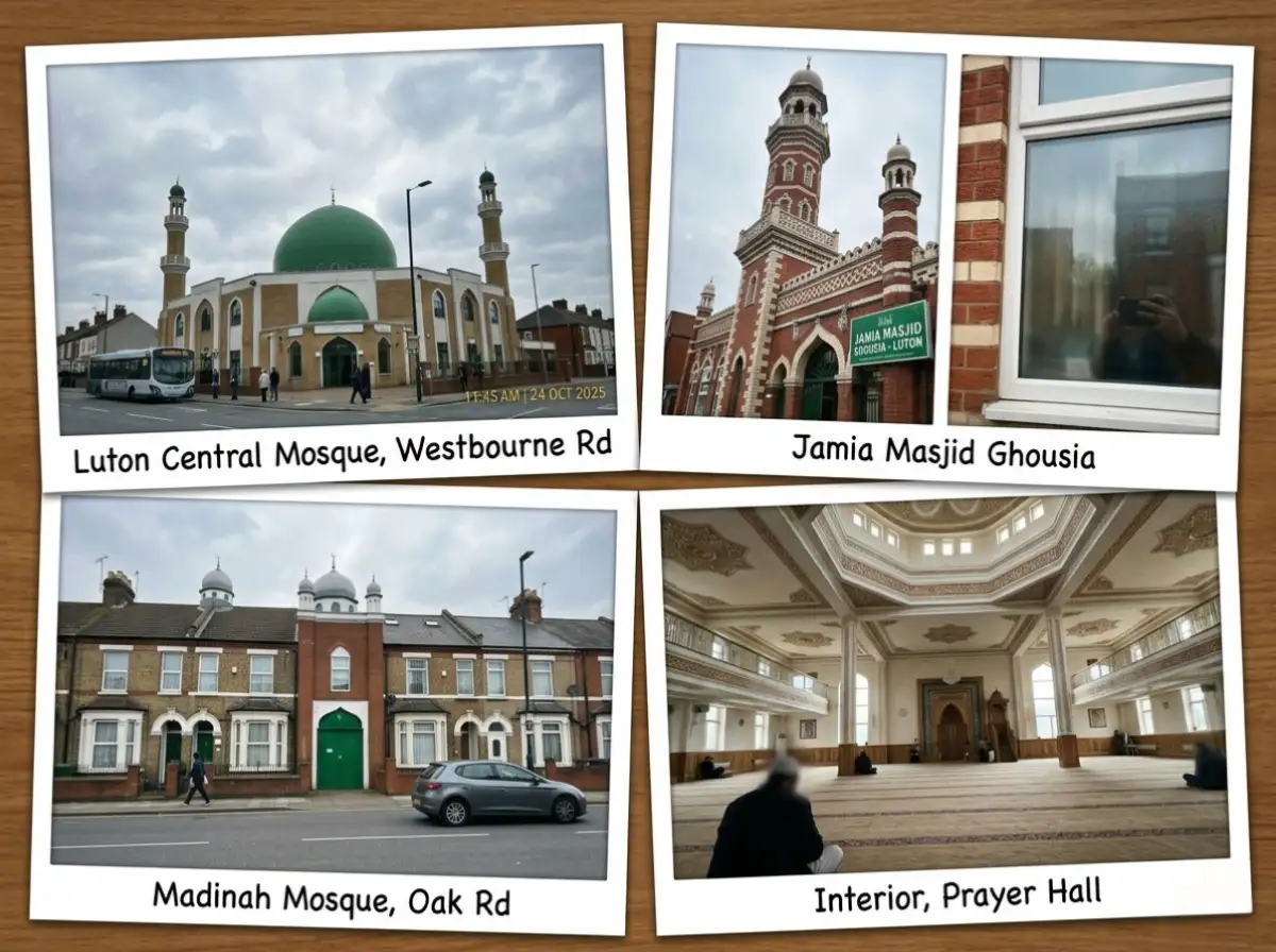 op mosques in Luton UK for Umrah preparation including Luton Central Mosque, Jamia Masjid Ghousia, Madinah Mosque and prayer hall interior