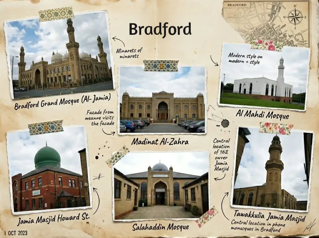 Bradford mosques including Bradford Grand Mosque Al Jamia, Al Mahdi Mosque and Salahaddin Mosque
