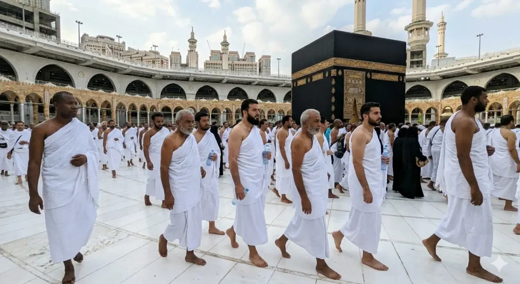 A diverse group of pilgrims walking together near the Kaaba in Makkah