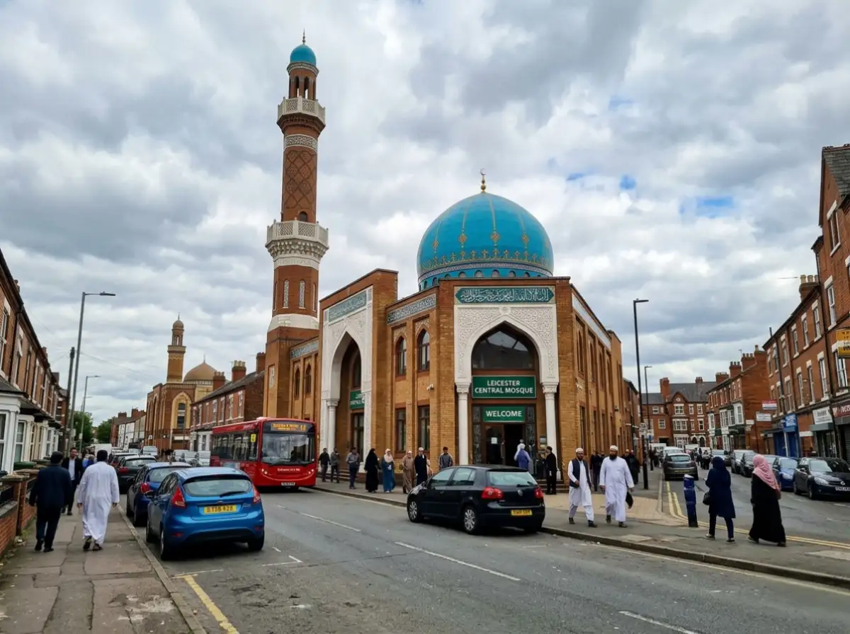 Leicester Central Mosque in the UK, showing its blue dome, minaret, and local Muslim community area with people walking nearby.