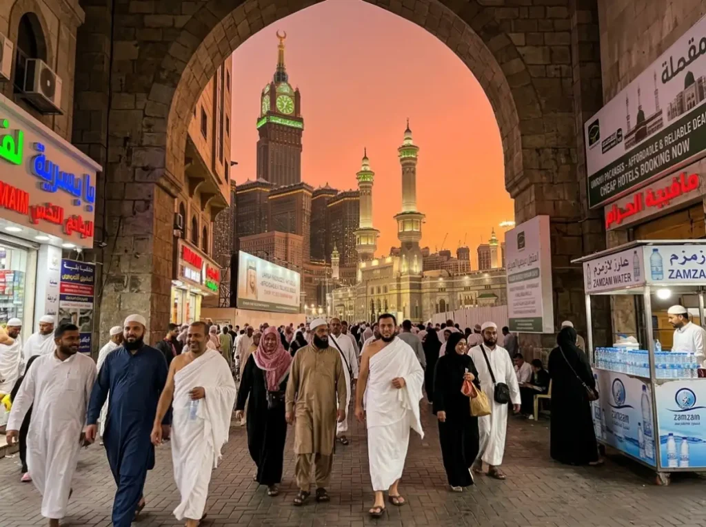 Busy street view of Makkah during sunset with pilgrims in Ihram walking under a large stone arch towards the Kaaba and Abraj Al Bait clock tower, cheap Umrah packages sign.
