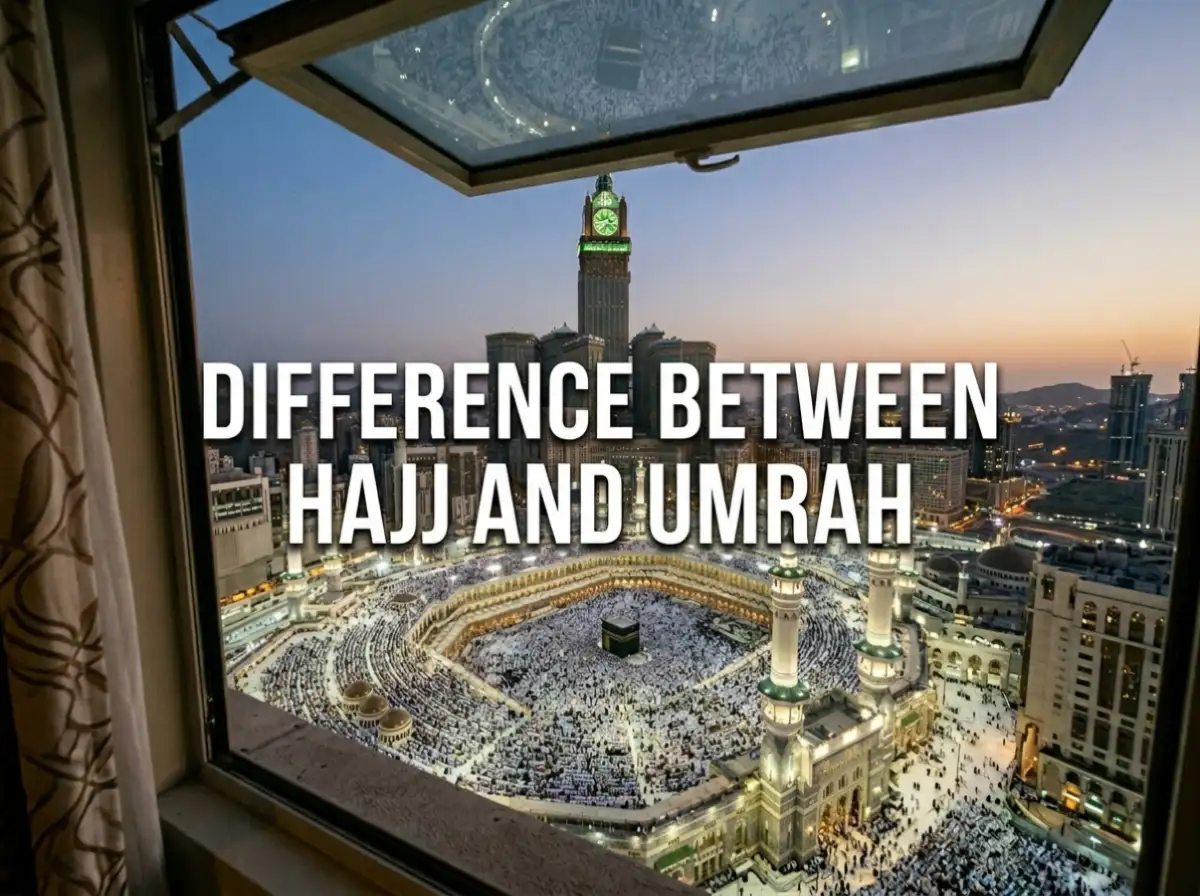 Difference between Hajj and Umrah illustrated with Kaaba at Masjid al-Haram, aerial view of pilgrims performing Tawaf in Mecca.