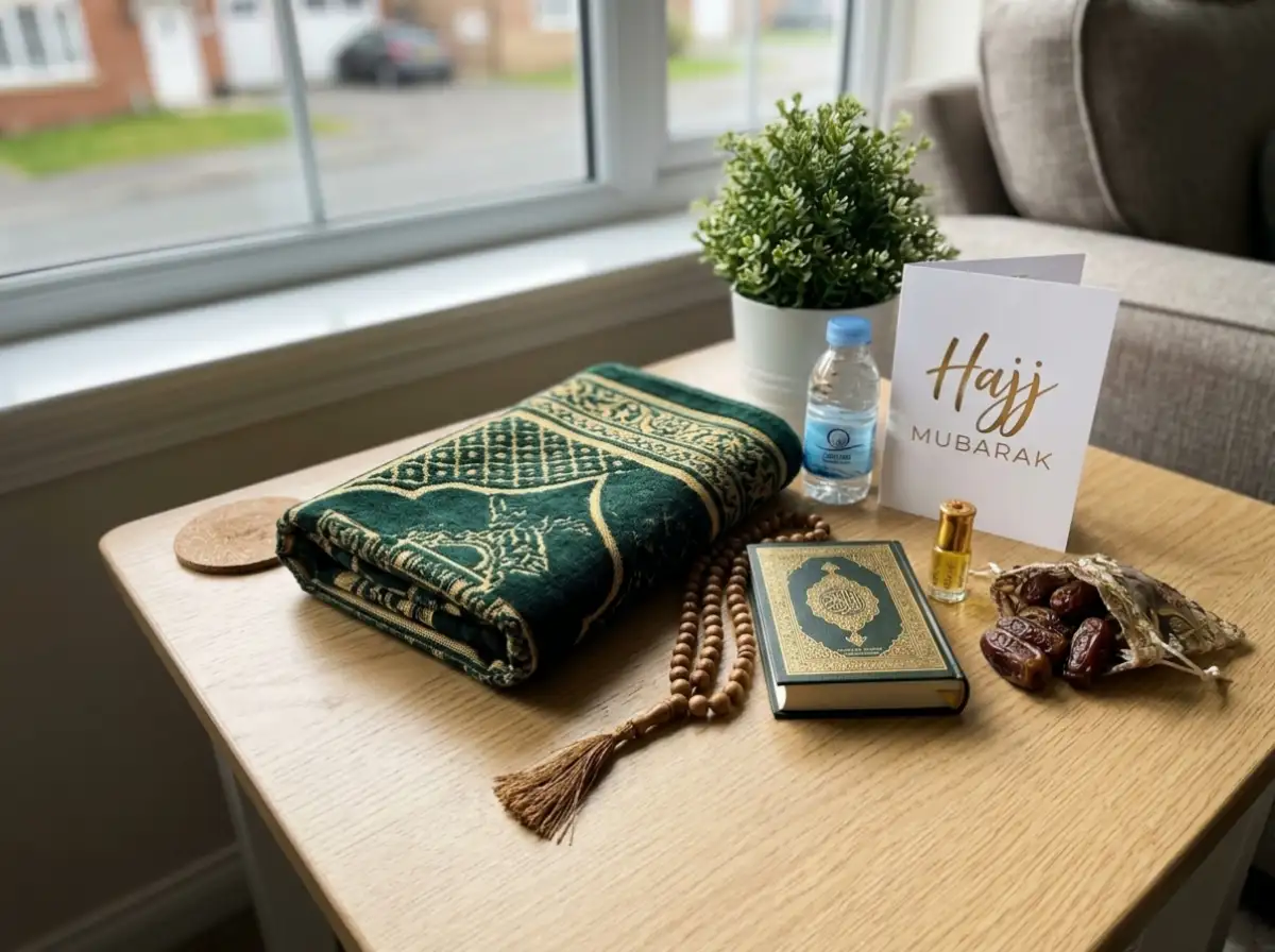 Hajj mubarak gift set on wooden table featuring green prayer mat, Quran, tasbeeh prayer beads, dates, attar perfume, Zamzam water and Hajj Mubarak greeting card by window