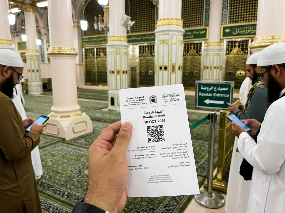 How to book Rawdah appointment 2026: Man holding official Rawdah Permit inside Riyad ul-Jannah, Rawdah Entrance sign visible in background.