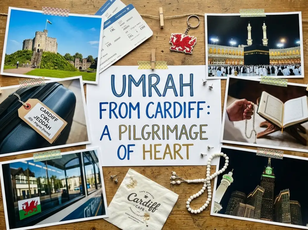 Book Umrah packages from Cardiff Wales. Flight to Jeddah. Sacred journey to Kaaba with prayer beads and Quran.