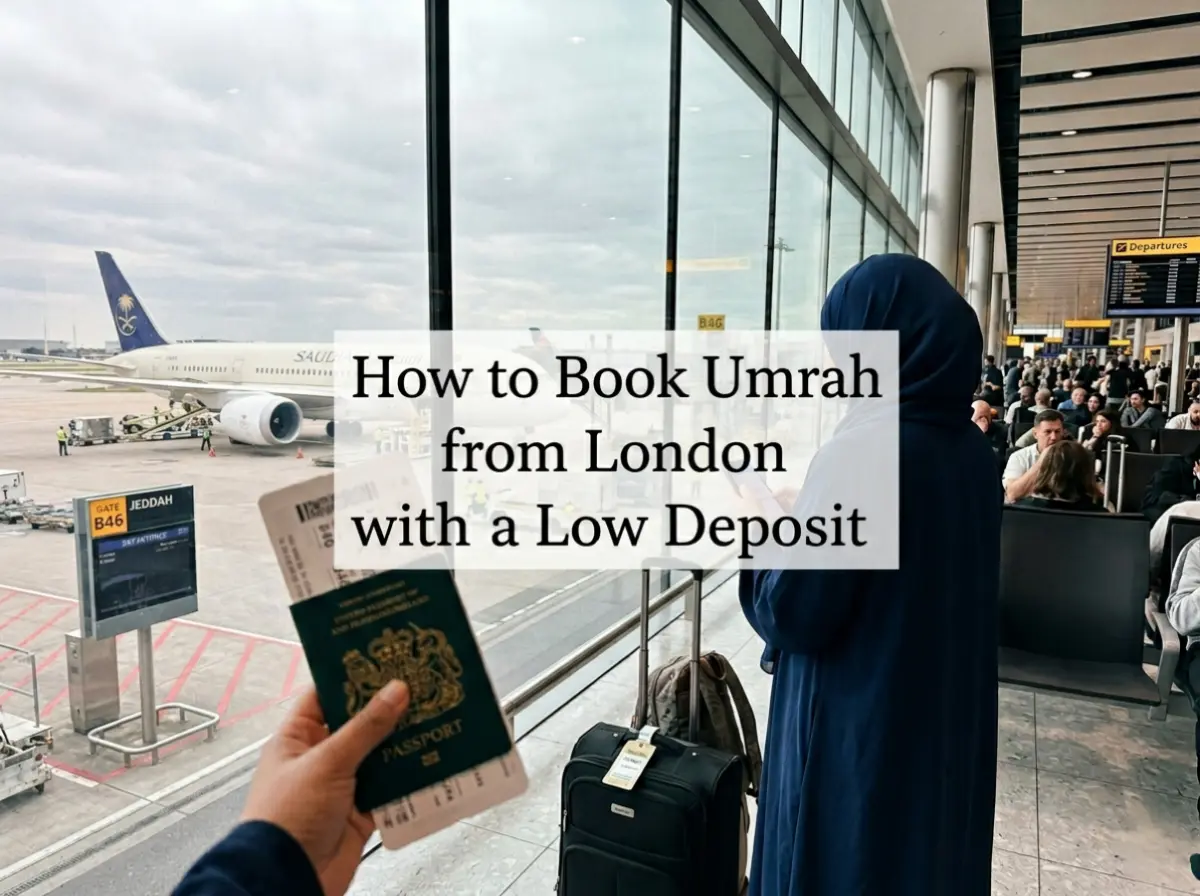 How to Book Umrah from London with Low Deposit. Muslim traveler holding UK passport and boarding pass at airport with Saudi Airlines plane