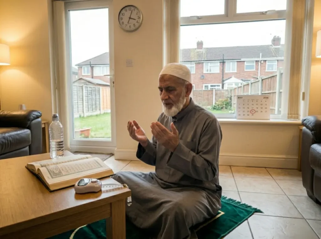 Elderly Muslim man making dua on the Day of Arafah, sitting on prayer mat with open Quran in a UK home.