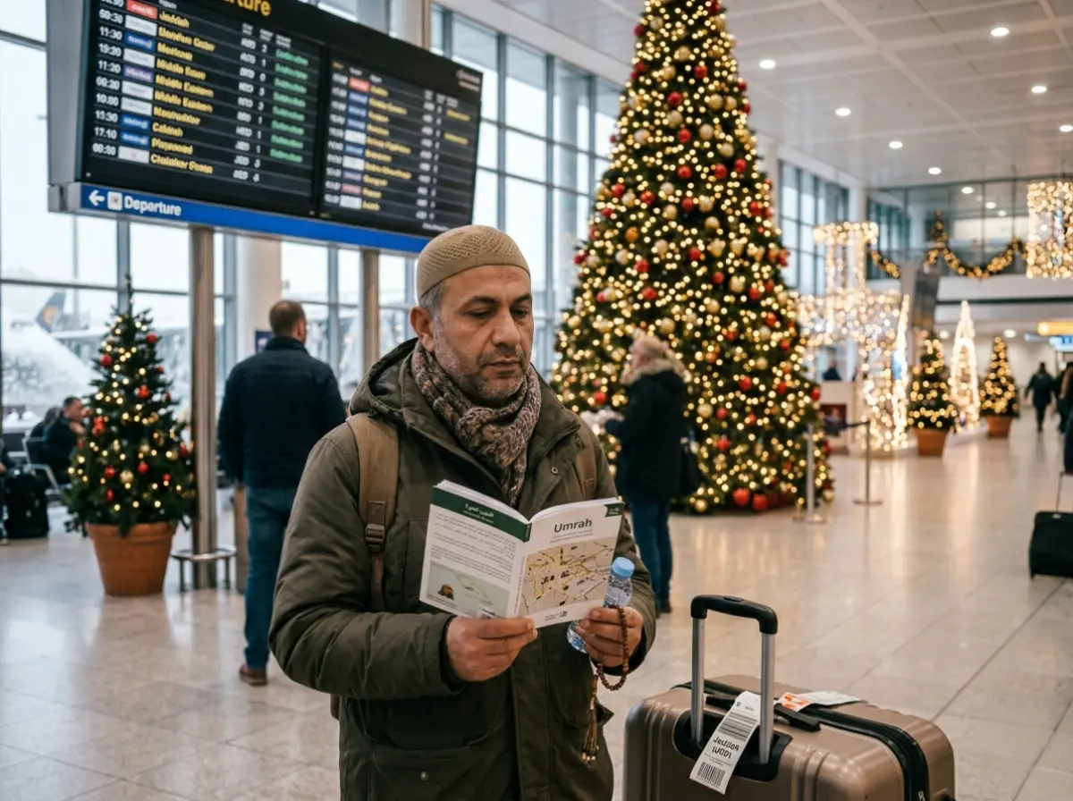 Planning Umrah in the Christmas holidays: Muslim traveler at airport with Umrah guidebook and Christmas decorations