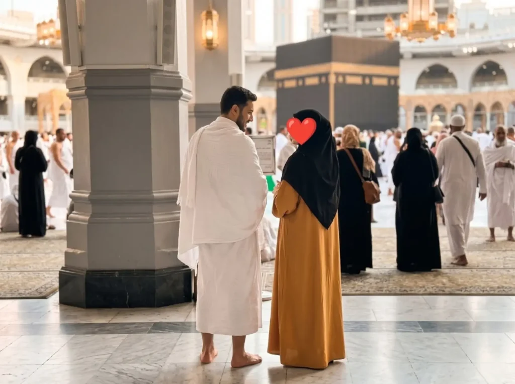 Couple Umrah Packages - Husband and wife standing together near the Holy Kaaba in Masjid al-Haram during Umrah
