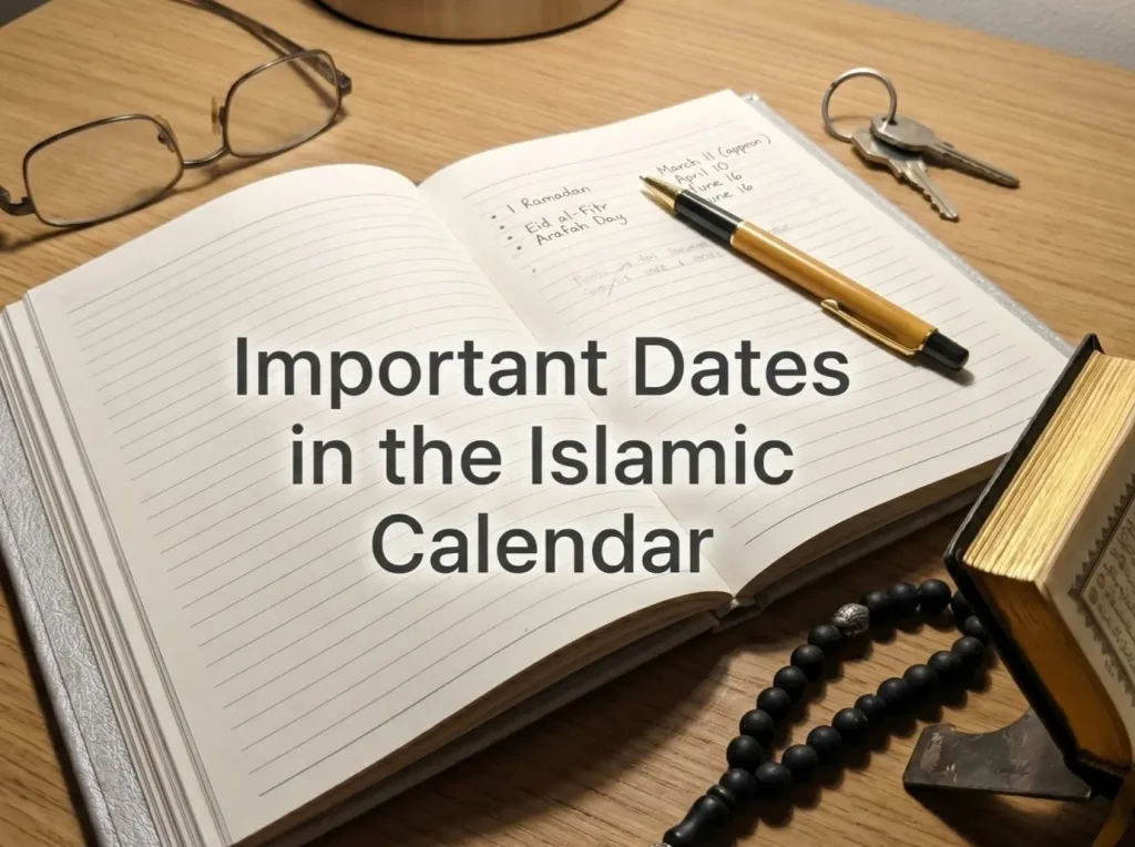 Important Dates in the Islamic Calendar - Open notebook listing key dates like Ramadan, Eid al-Fitr and Arafah Day with prayer beads, pen and glasses on a wooden desk