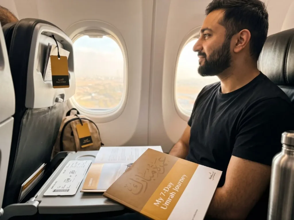 Man on flight to Jeddah for 7-Day Umrah Package from UK – Ready for his Umrah journey