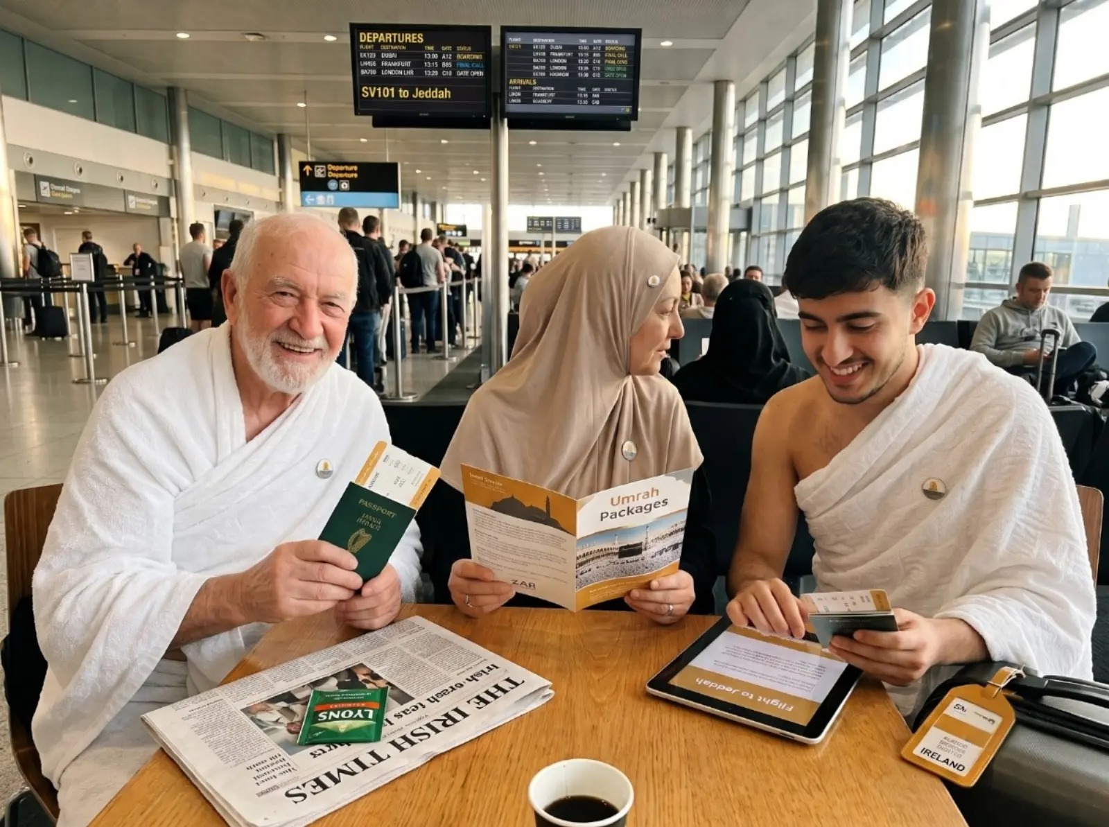Irish Muslim family in Ihram – Elderly man holding Irish passport at airport with Ziyuf Al Rahman Umrah packages brochure before flight to Jeddah