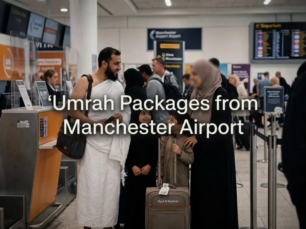Family in Ihram at Manchester Airport ready for Umrah Packages from Manchester