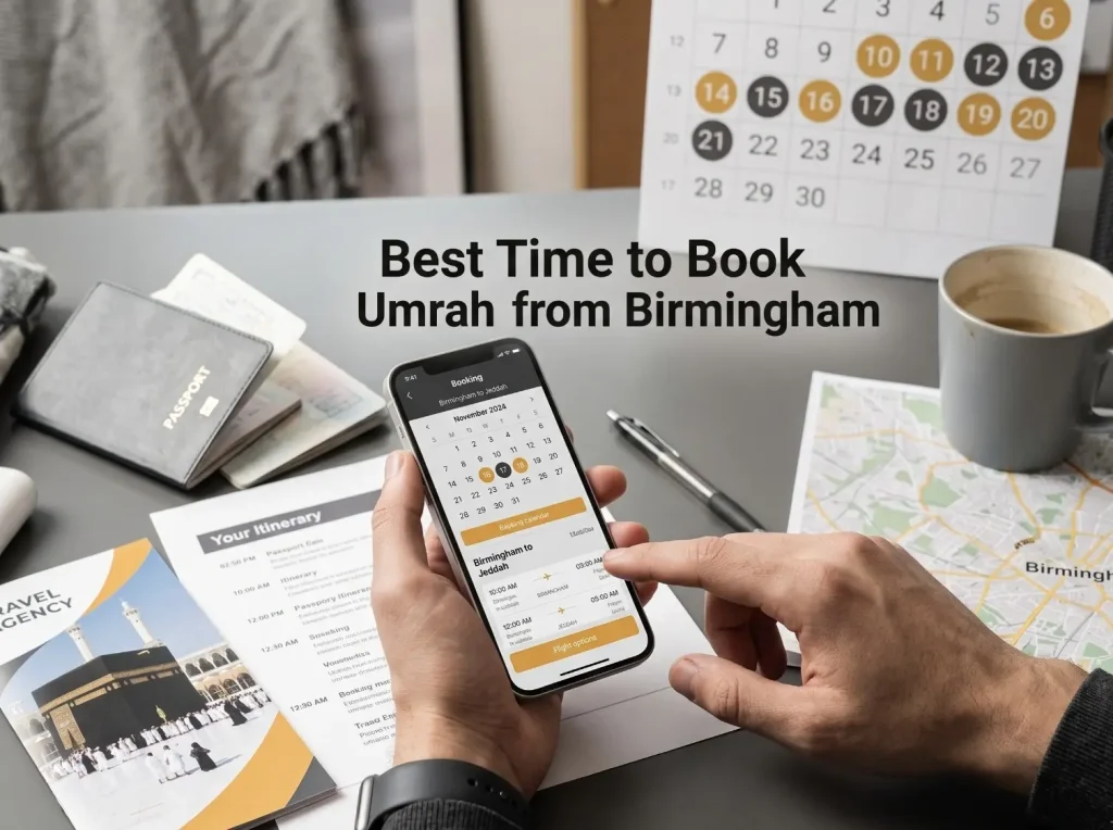 Text on image, best time to book Umrah from Birmingham. A phone with Umrah booking screen and a calendar.