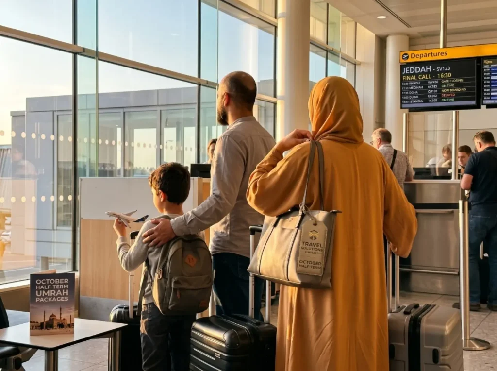 Family from UK at airport with October half-term Umrah packages for Jeddah flight