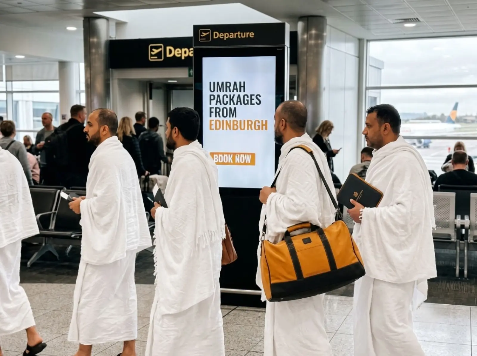 Men in white ihram at airport with Umrah packages from Edinburgh sign