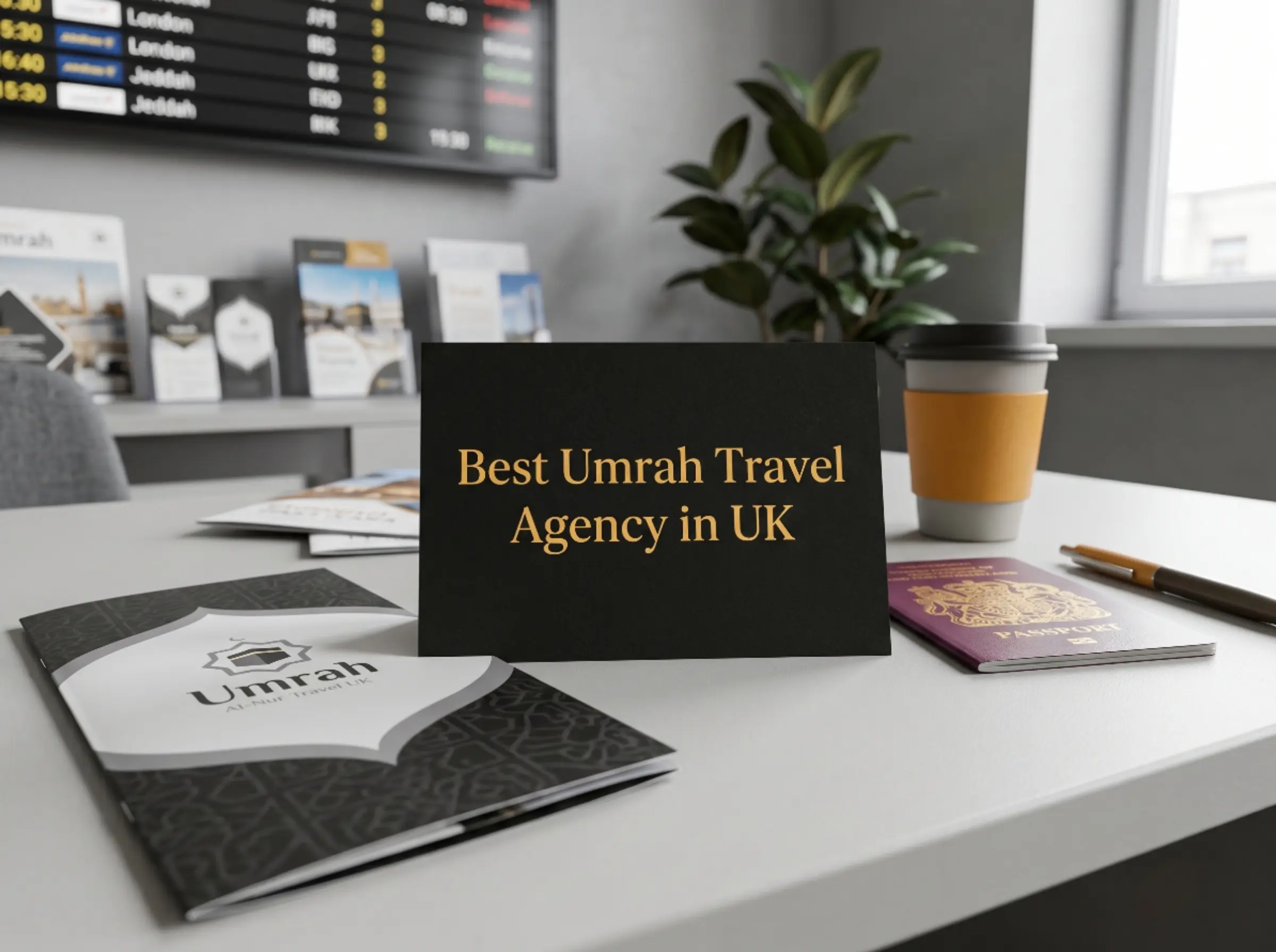 Best Umrah Travel Agency in UK sign on the desk with passport and coffee.