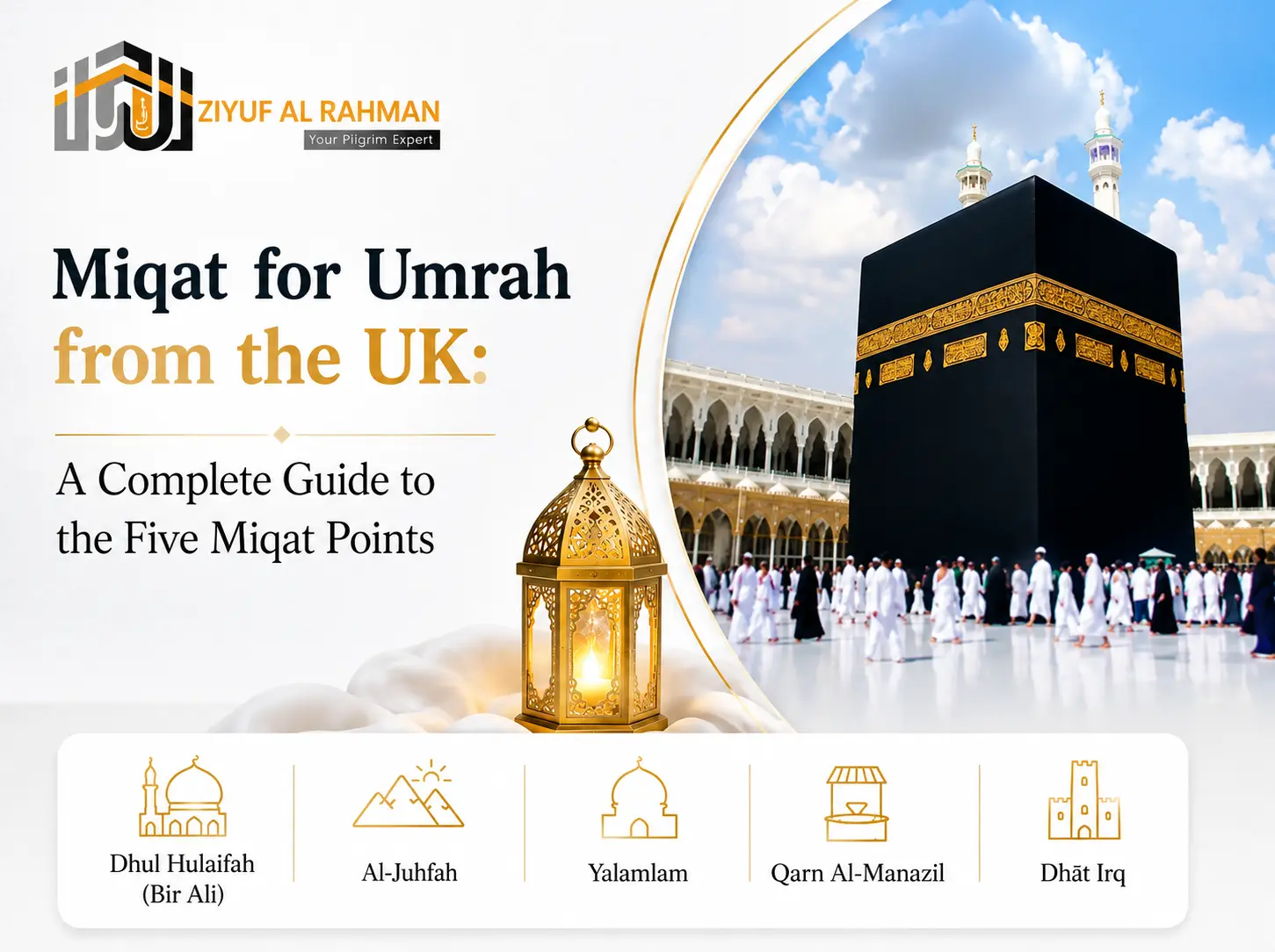 Miqat for Umrah from the UK showing the five Miqat points for pilgrims