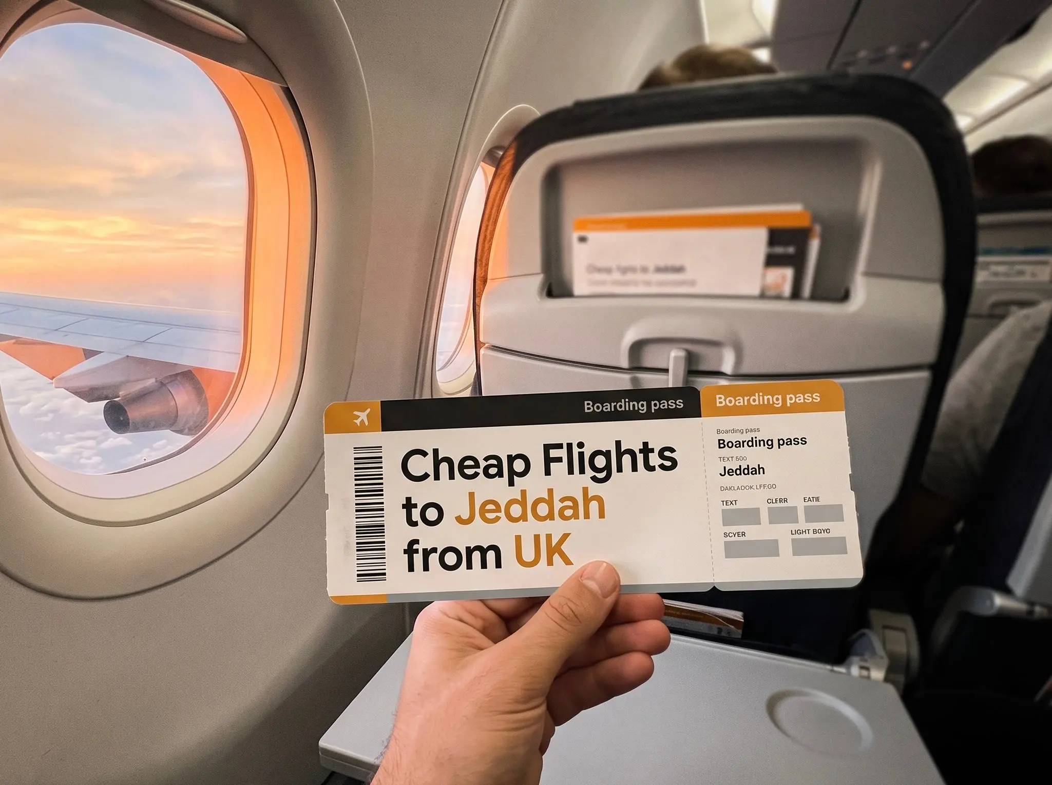 Cheap Flights to Jeddah from UK boarding pass held in hand on plane