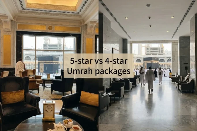 5-star vs 4-star Umrah packages - Elegant hotel interiors showing the difference between premium and standard accommodation in Makkah