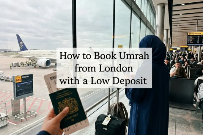 How to Book Umrah from London with Low Deposit. Muslim traveler holding UK passport and boarding pass at airport with Saudi Airlines plane
