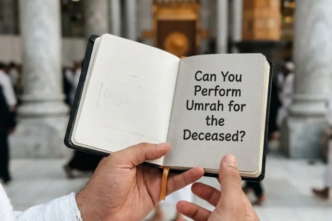 A persons hands holding a notebook asking Can You Perform Umrah for the Deceased?