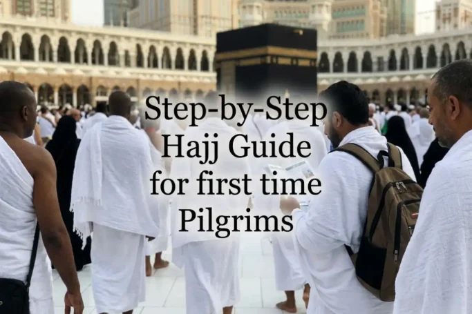 Step-by-Step Hajj Guide for First Time Pilgrims: Muslim pilgrims in Ihram walking around the Kaaba in Masjid al-Haram, Makkah. Complete beginner’s guide to performing Hajj.