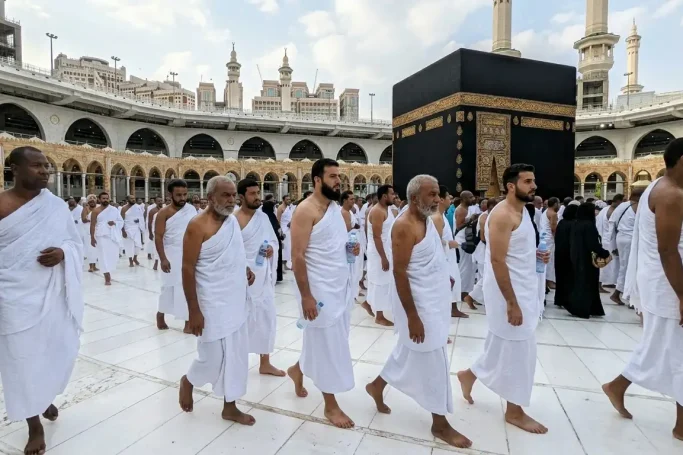 A diverse group of pilgrims walking together near the Kaaba in Makkah