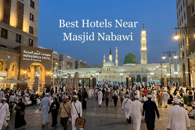 Best Hotels Near Masjid Nabawi | Crowded plaza in front of Prophet's Mosque with green dome at dusk, Medina Saudi Arabia