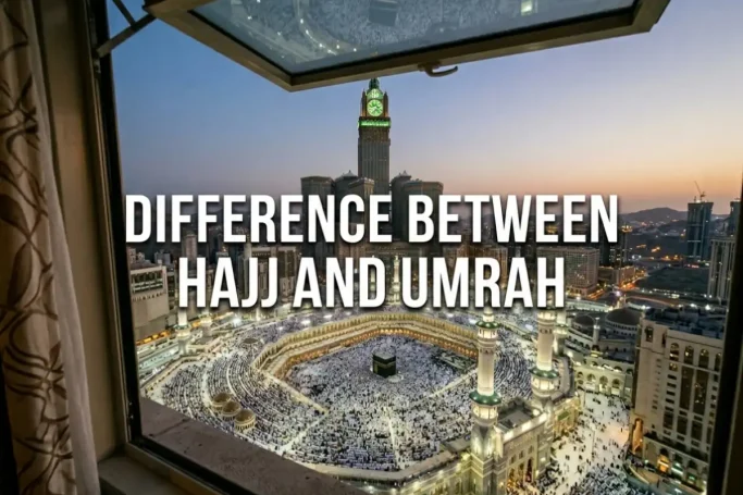 Difference between Hajj and Umrah illustrated with Kaaba at Masjid al-Haram, aerial view of pilgrims performing Tawaf in Mecca.