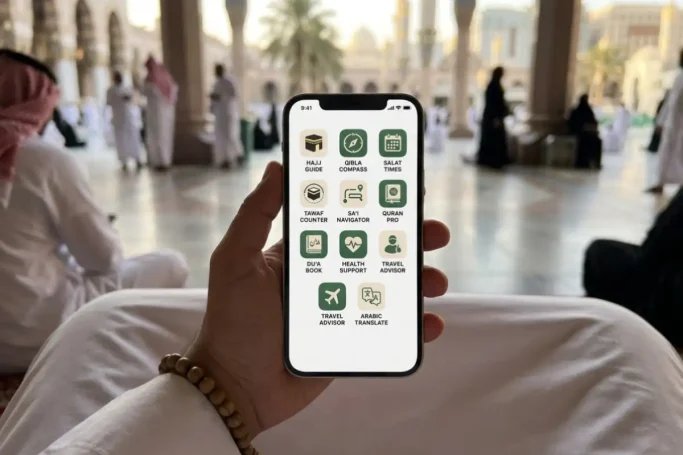 Smartphone screen showing best essential Hajj apps for pilgrims