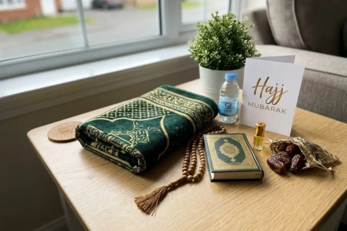 Hajj mubarak gift set on wooden table featuring green prayer mat, Quran, tasbeeh prayer beads, dates, attar perfume, Zamzam water and Hajj Mubarak greeting card by window