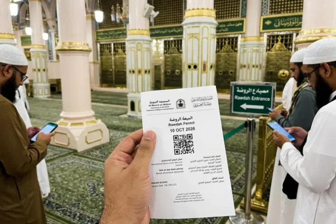 How to book Rawdah appointment 2026: Man holding official Rawdah Permit inside Riyad ul-Jannah, Rawdah Entrance sign visible in background.