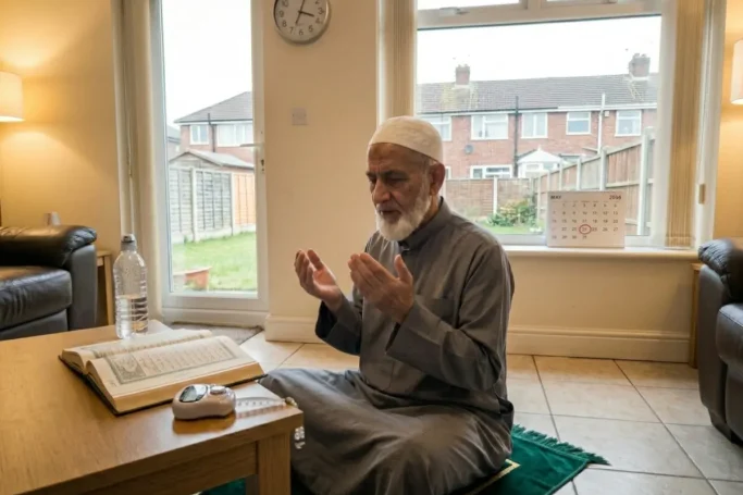 Elderly Muslim man making dua on the Day of Arafah, sitting on prayer mat with open Quran in a UK home.