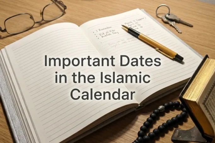 Important Dates in the Islamic Calendar - Open notebook listing key dates like Ramadan, Eid al-Fitr and Arafah Day with prayer beads, pen and glasses on a wooden desk
