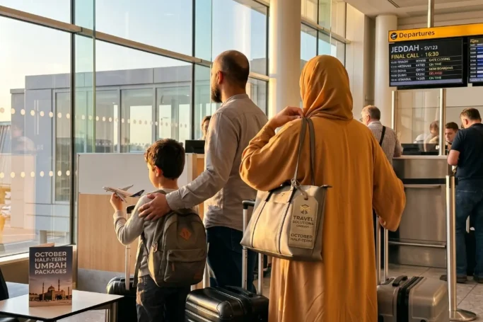 Family from UK at airport with October half-term Umrah packages for Jeddah flight