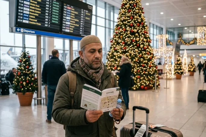 Planning Umrah in the Christmas holidays: Muslim traveler at airport with Umrah guidebook and Christmas decorations
