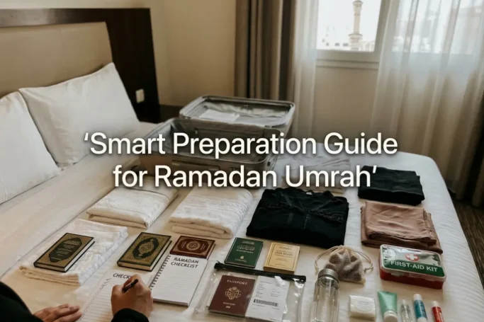Smart Preparation Guide for Ramadan 2027 Umrah: Complete packing checklist with Ihram clothes, Quran, passport, first-aid kit, and essentials laid out on a bed.