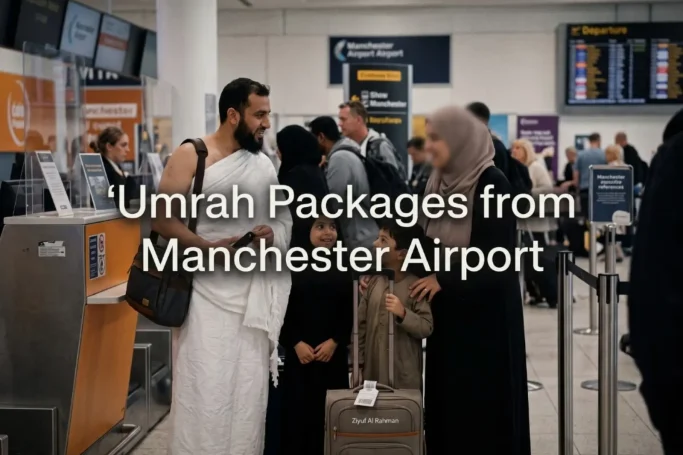 Family in Ihram at Manchester Airport ready for Umrah Packages from Manchester